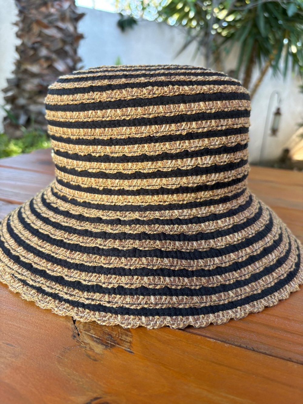 Eric Javits Packable Straw and Black Ribbon Bucket Sun Hat UPF 50+ Stripe - Picture 4 of 14